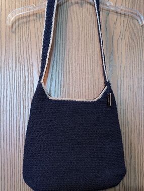 Navy Crochet Shoulder Bag with Ivory Trim Villager By Liz Claiborne